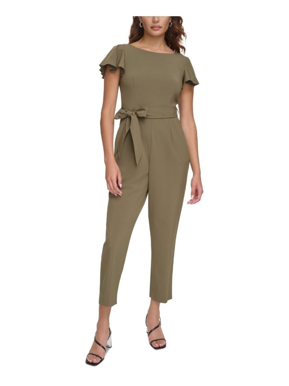 Calvin Klein Womens Flutter-Sleeve Belted Cropped Jumpsuit Olive Green Sz 10 NWT
